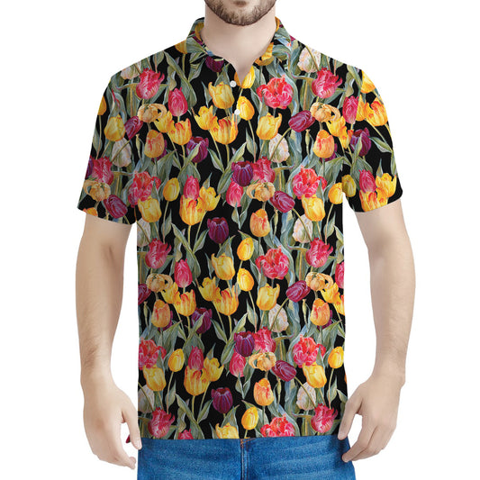 Colorful Watercolor Tulip Pattern Print Men's Polo Shirt