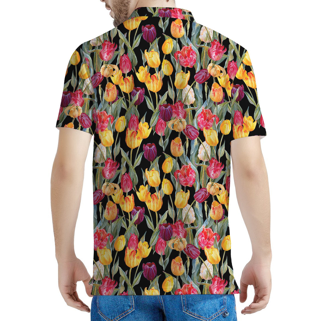 Colorful Watercolor Tulip Pattern Print Men's Polo Shirt