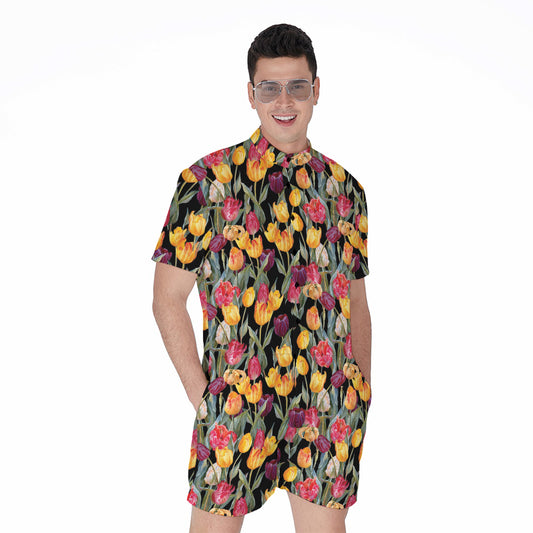 Colorful Watercolor Tulip Pattern Print Men's Rompers
