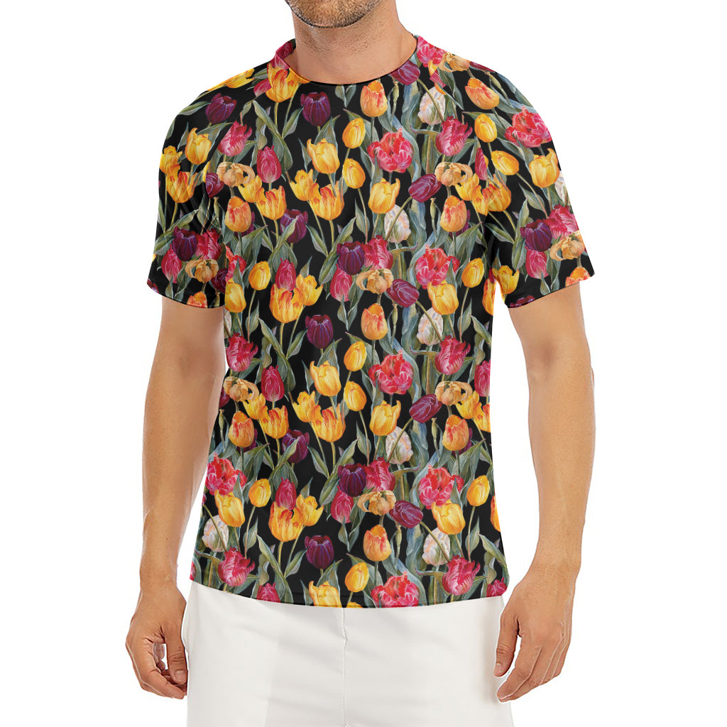 Colorful Watercolor Tulip Pattern Print Men's Short Sleeve Rash Guard