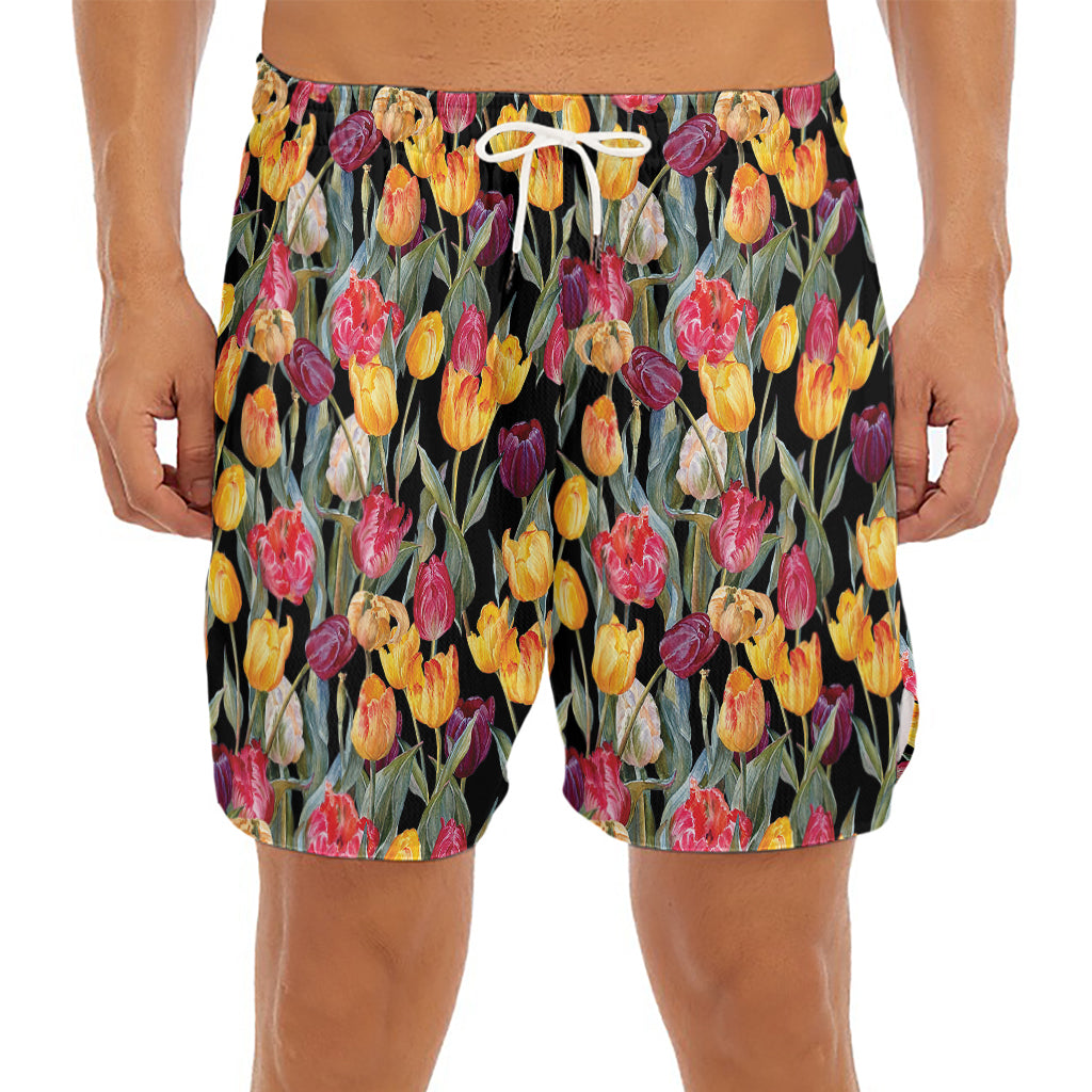 Colorful Watercolor Tulip Pattern Print Men's Split Running Shorts