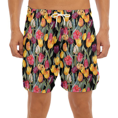 Colorful Watercolor Tulip Pattern Print Men's Split Running Shorts