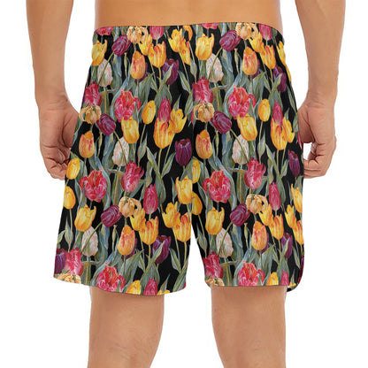 Colorful Watercolor Tulip Pattern Print Men's Split Running Shorts