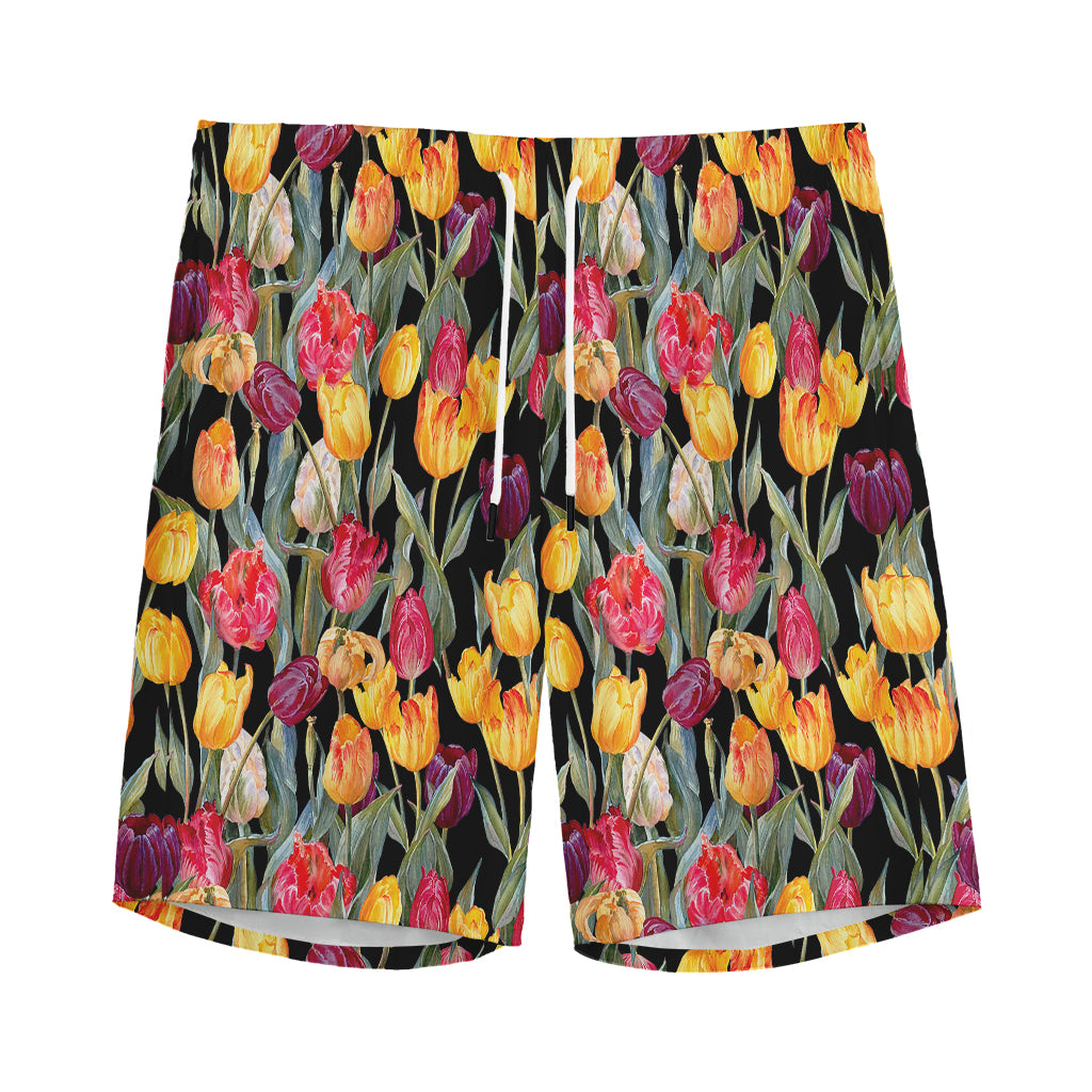 Colorful Watercolor Tulip Pattern Print Men's Sports Shorts