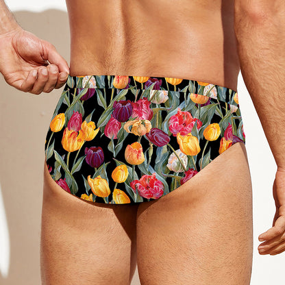 Colorful Watercolor Tulip Pattern Print Men's Swim Briefs