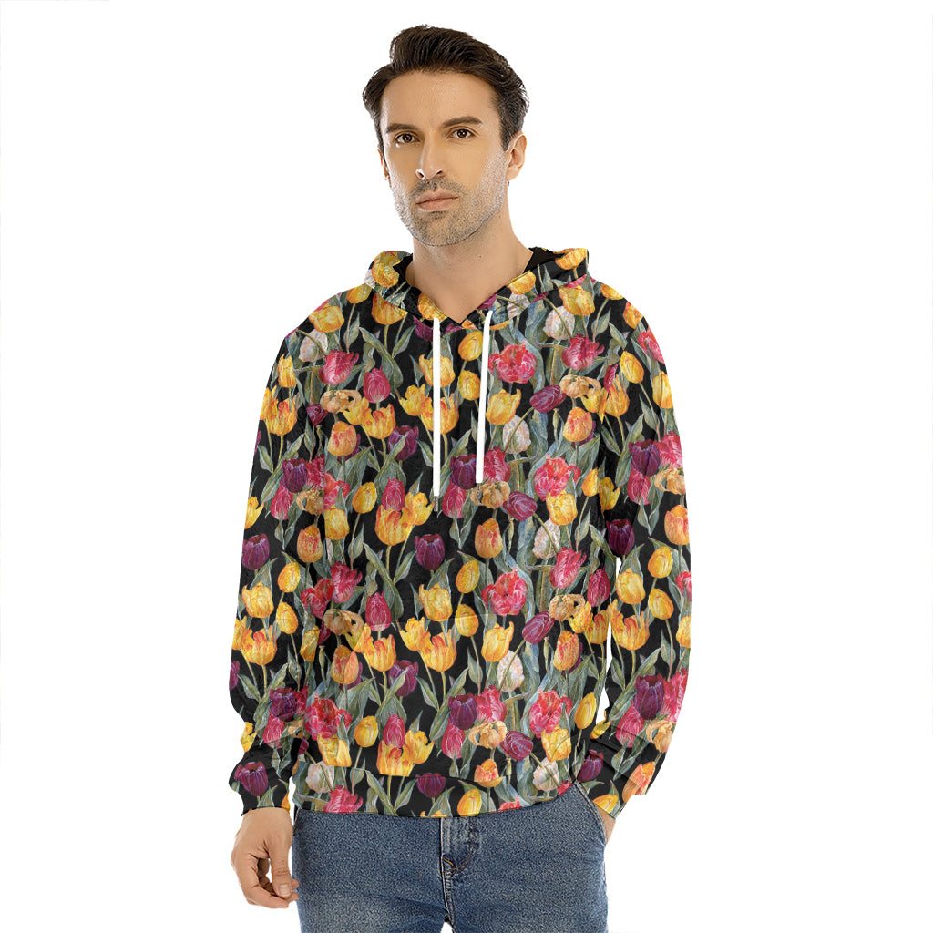 Colorful Watercolor Tulip Pattern Print Men's Velvet Pullover Hoodie