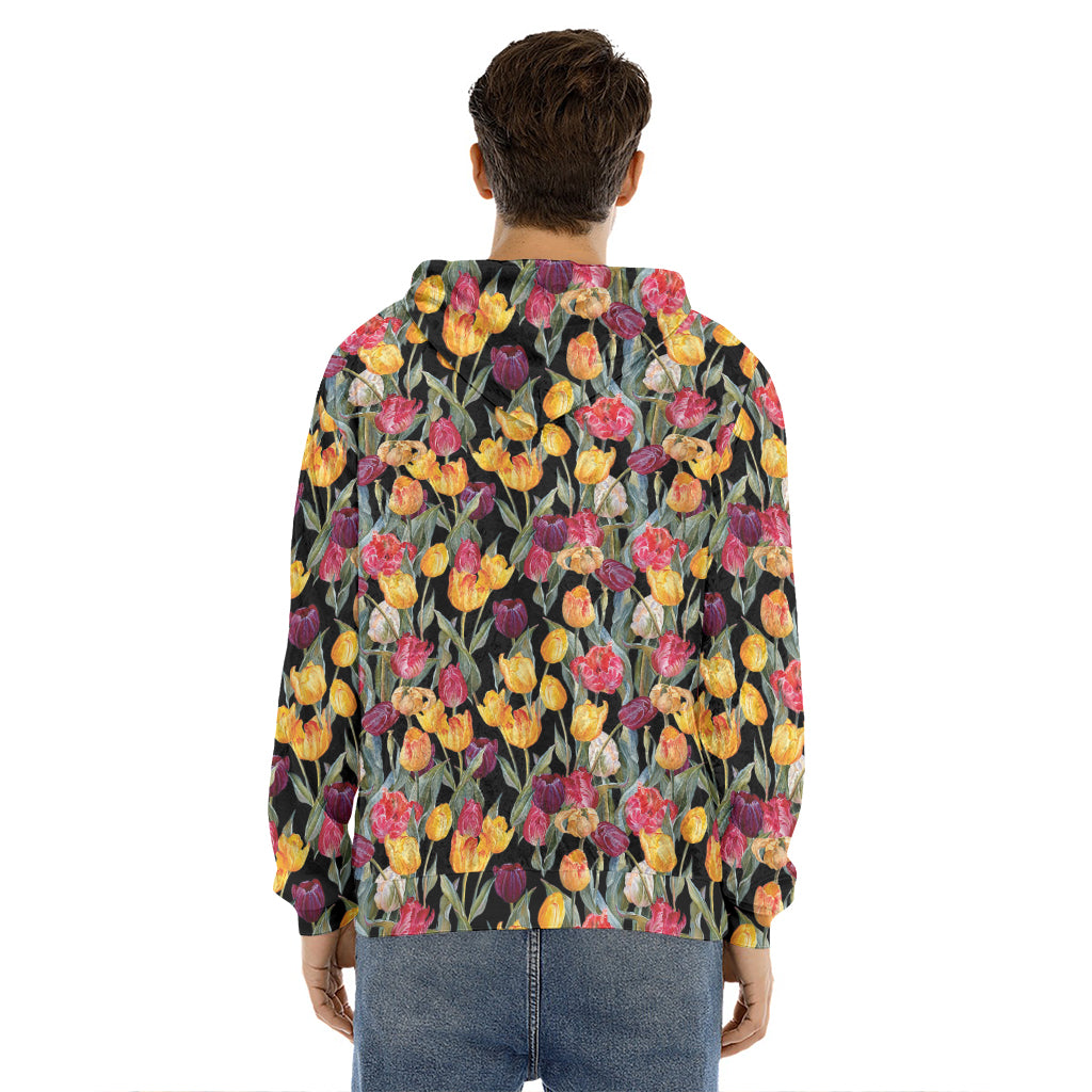 Colorful Watercolor Tulip Pattern Print Men's Velvet Pullover Hoodie