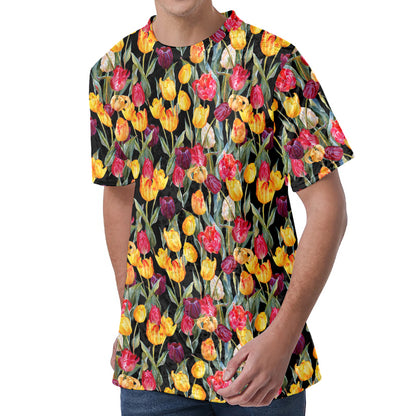 Colorful Watercolor Tulip Pattern Print Men's Velvet T-Shirt