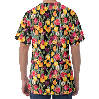 Colorful Watercolor Tulip Pattern Print Men's Velvet T-Shirt