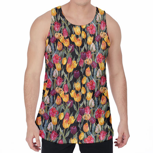 Colorful Watercolor Tulip Pattern Print Men's Velvet Tank Top