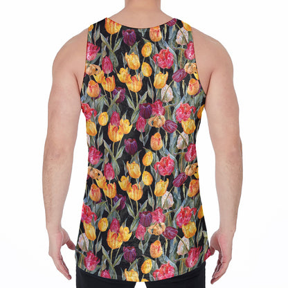 Colorful Watercolor Tulip Pattern Print Men's Velvet Tank Top