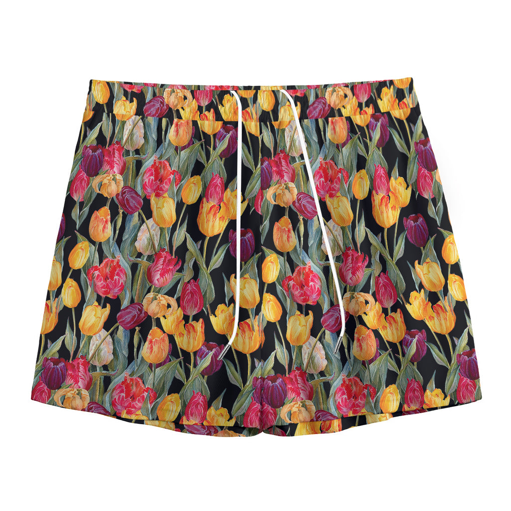 Colorful Watercolor Tulip Pattern Print Mesh Shorts