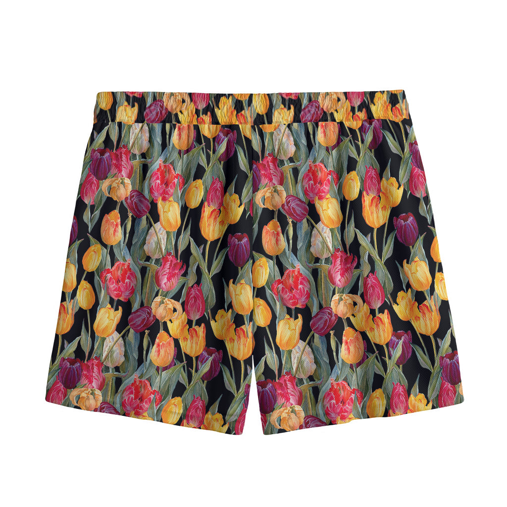 Colorful Watercolor Tulip Pattern Print Mesh Shorts