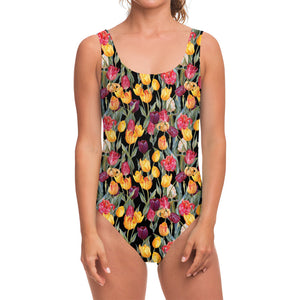 Colorful Watercolor Tulip Pattern Print One Piece Swimsuit