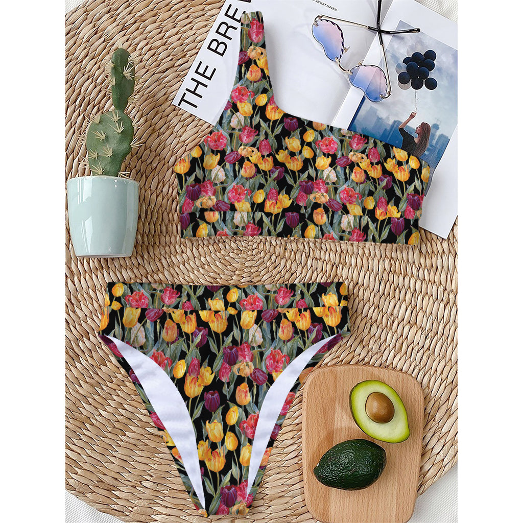 Colorful Watercolor Tulip Pattern Print One Shoulder Bikini Top