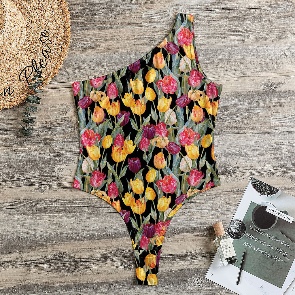 Colorful Watercolor Tulip Pattern Print One Shoulder Bodysuit