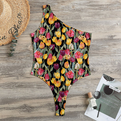 Colorful Watercolor Tulip Pattern Print One Shoulder Bodysuit