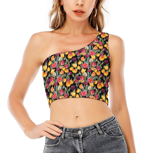 Colorful Watercolor Tulip Pattern Print One Shoulder Crop Top