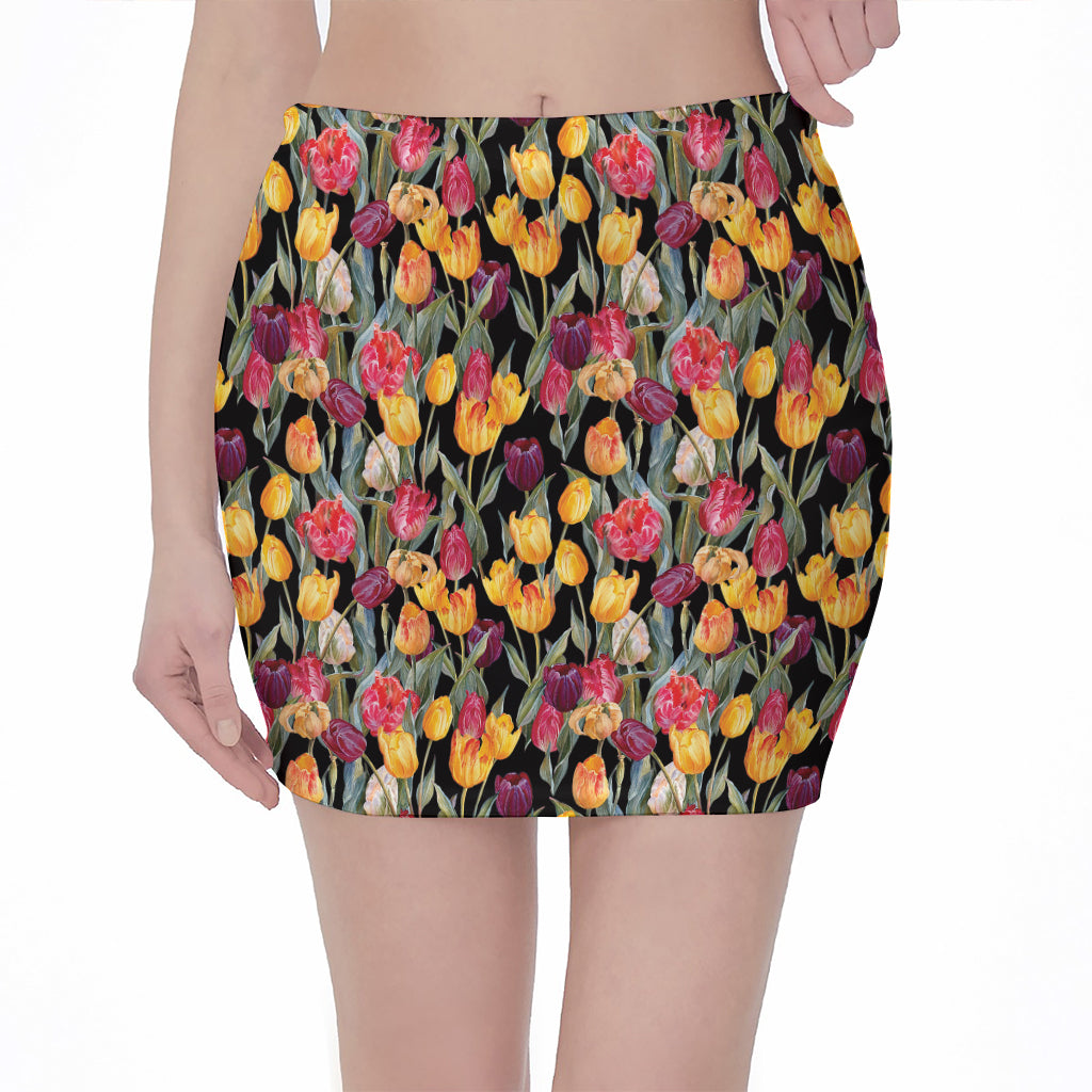 Colorful Watercolor Tulip Pattern Print Pencil Mini Skirt