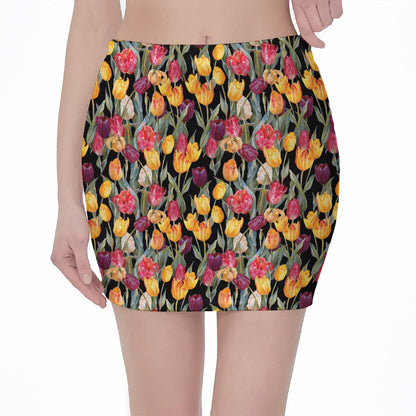 Colorful Watercolor Tulip Pattern Print Pencil Mini Skirt