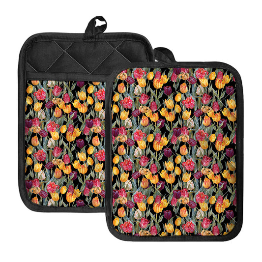 Colorful Watercolor Tulip Pattern Print Pot Holders With Pocket