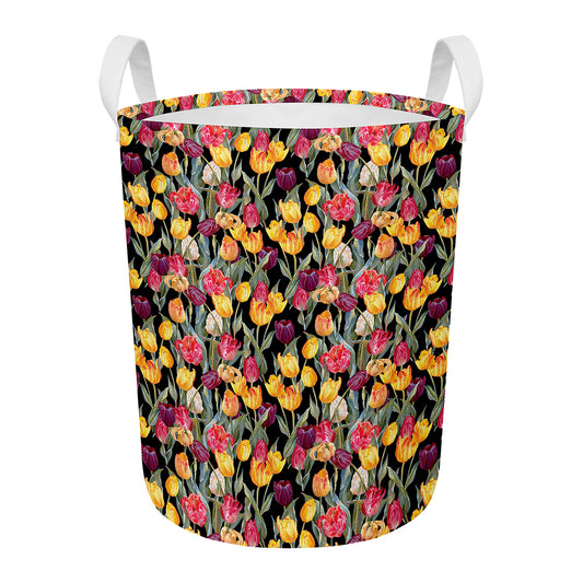 Colorful Watercolor Tulip Pattern Print Round Laundry Basket
