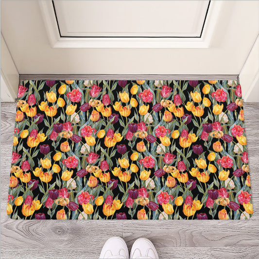 Colorful Watercolor Tulip Pattern Print Rubber Doormat