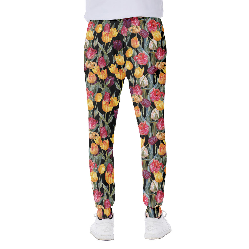 Colorful Watercolor Tulip Pattern Print Scuba Joggers
