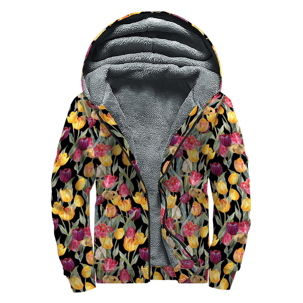Colorful Watercolor Tulip Pattern Print Sherpa Lined Zip Up Hoodie