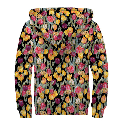 Colorful Watercolor Tulip Pattern Print Sherpa Lined Zip Up Hoodie