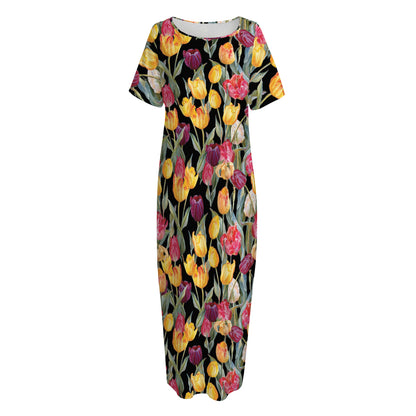 Colorful Watercolor Tulip Pattern Print Short Sleeve Long Nightdress