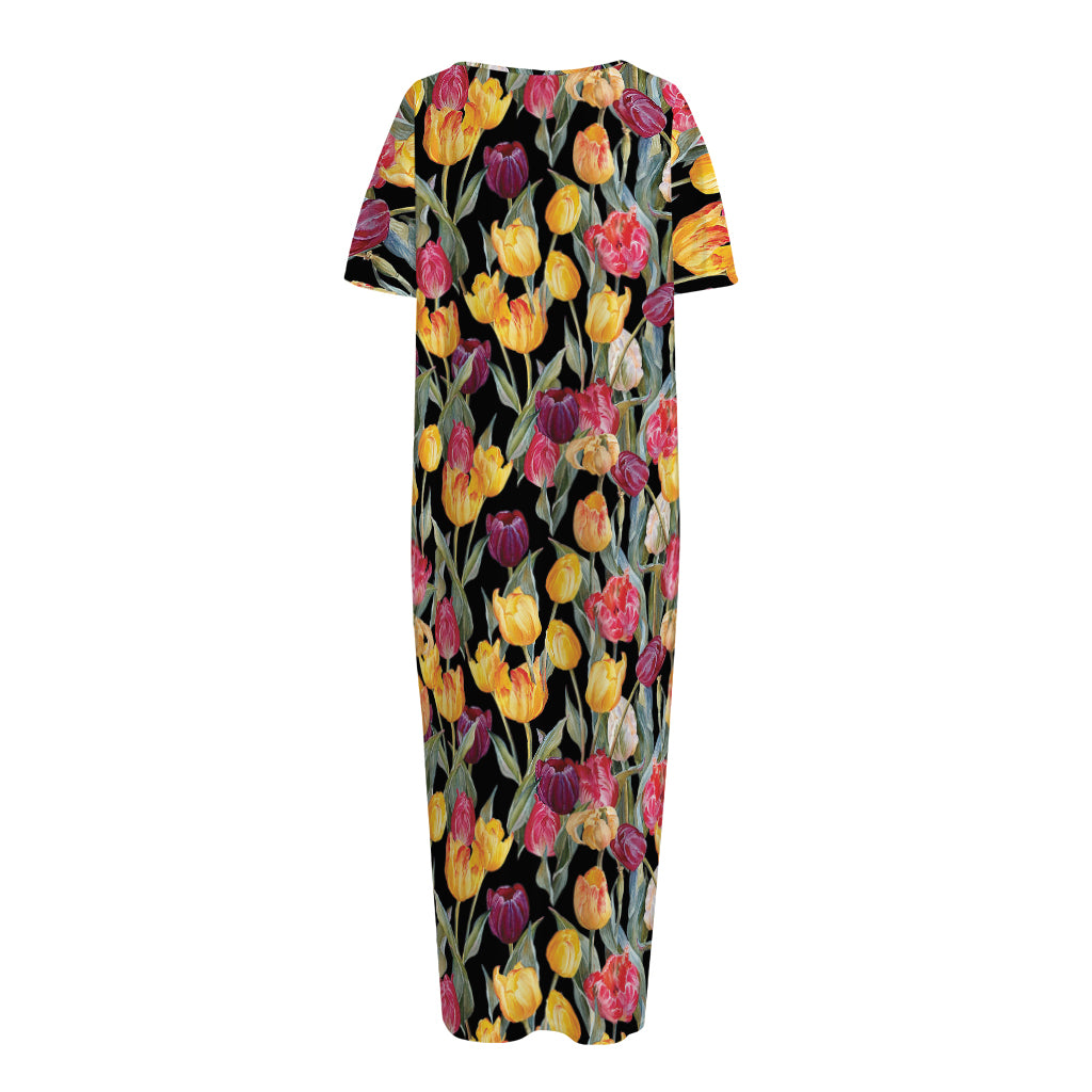 Colorful Watercolor Tulip Pattern Print Short Sleeve Long Nightdress