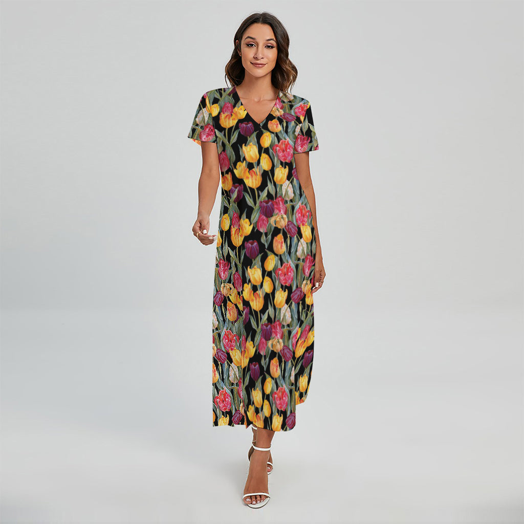 Colorful Watercolor Tulip Pattern Print Short Sleeve Maxi Dress