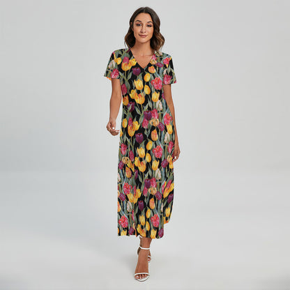 Colorful Watercolor Tulip Pattern Print Short Sleeve Maxi Dress