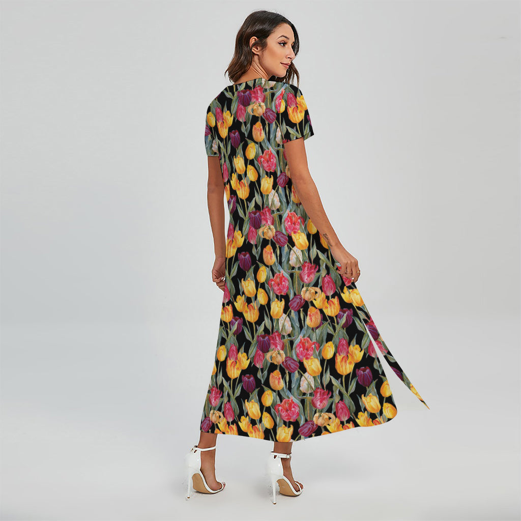 Colorful Watercolor Tulip Pattern Print Short Sleeve Maxi Dress