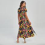 Colorful Watercolor Tulip Pattern Print Short Sleeve Maxi Dress