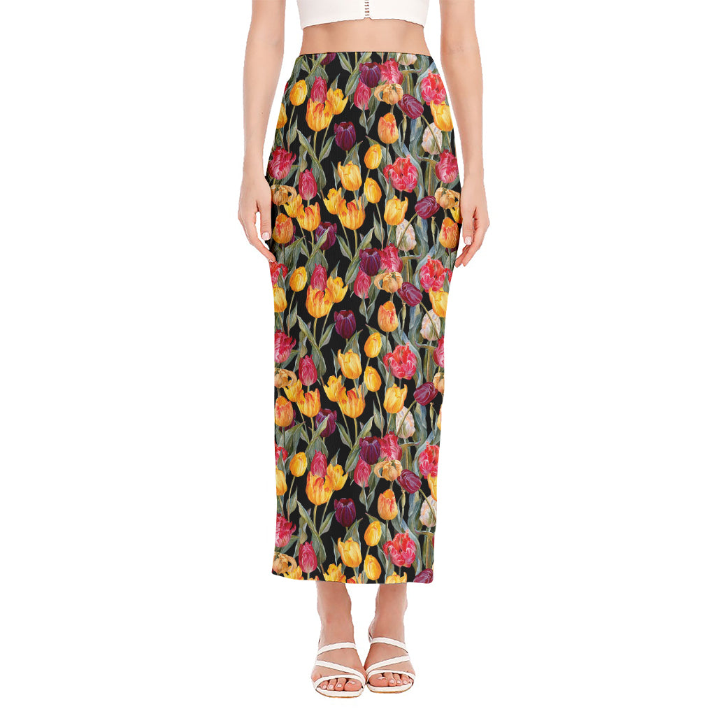 Colorful Watercolor Tulip Pattern Print Side Slit Maxi Skirt