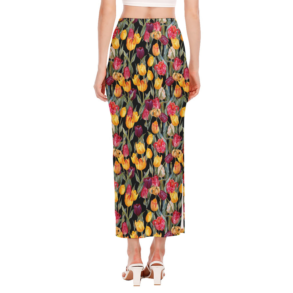 Colorful Watercolor Tulip Pattern Print Side Slit Maxi Skirt