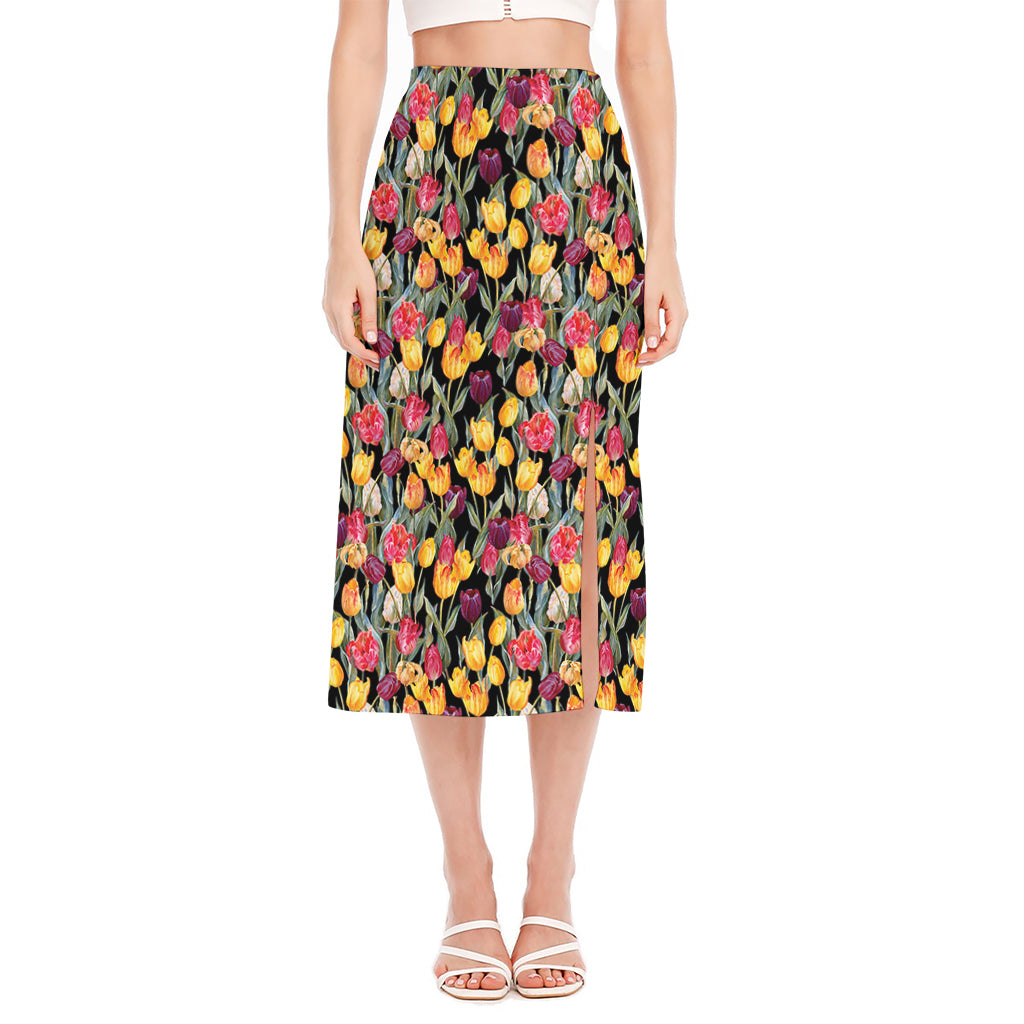 Colorful Watercolor Tulip Pattern Print Side Slit Midi Skirt