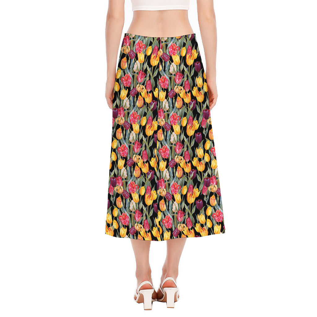 Colorful Watercolor Tulip Pattern Print Side Slit Midi Skirt