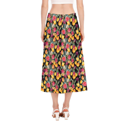 Colorful Watercolor Tulip Pattern Print Side Slit Midi Skirt