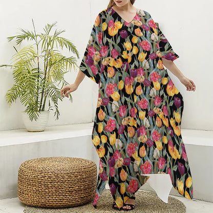 Colorful Watercolor Tulip Pattern Print Silk V-Neck Kaftan Dress