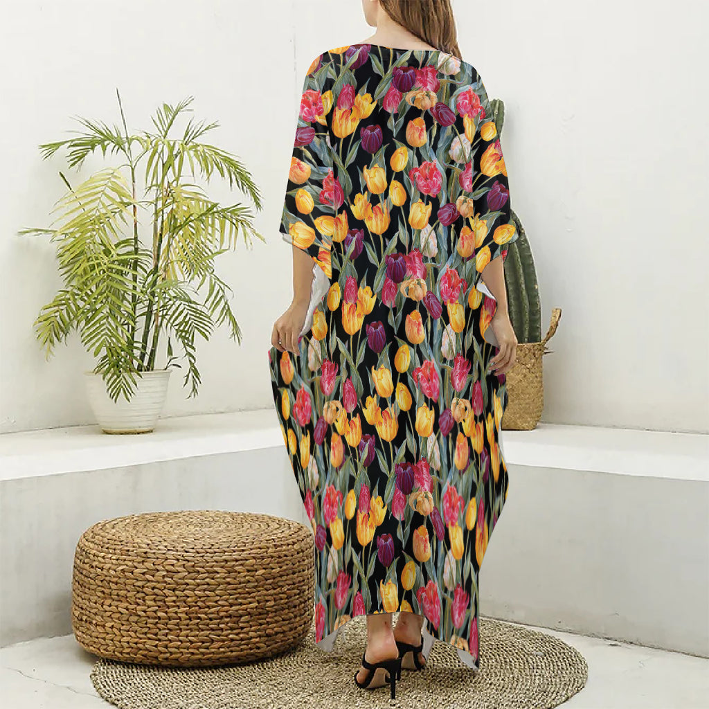 Colorful Watercolor Tulip Pattern Print Silk V-Neck Kaftan Dress