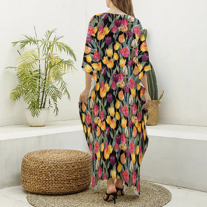 Colorful Watercolor Tulip Pattern Print Silk V-Neck Kaftan Dress