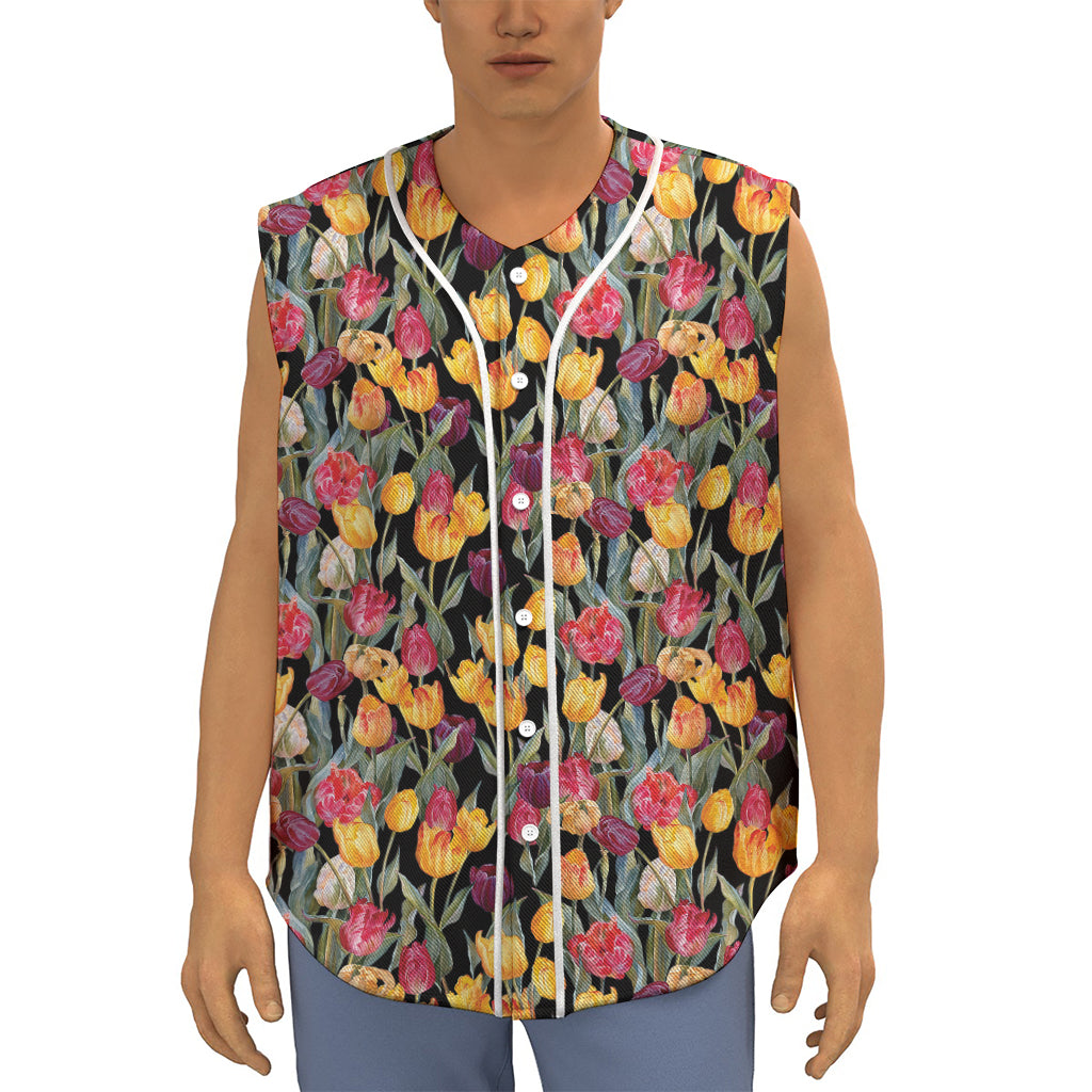 Colorful Watercolor Tulip Pattern Print Sleeveless Baseball Jersey