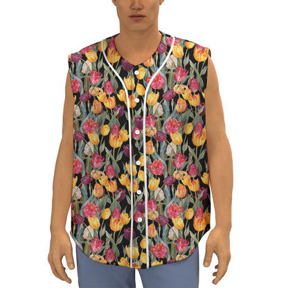 Colorful Watercolor Tulip Pattern Print Sleeveless Baseball Jersey