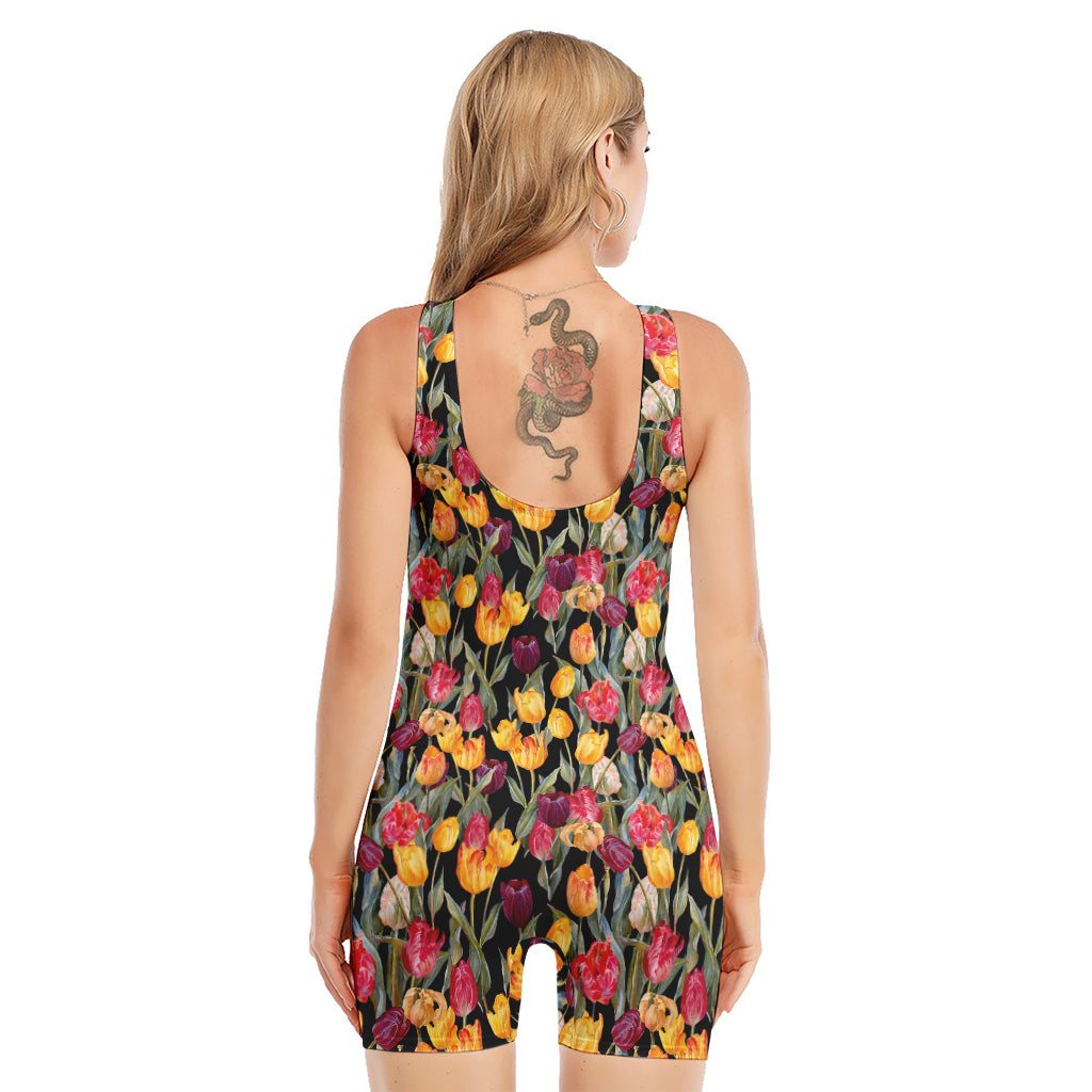 Colorful Watercolor Tulip Pattern Print Sleeveless One Piece Swimsuit