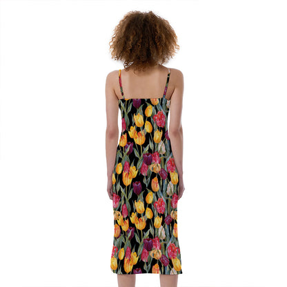 Colorful Watercolor Tulip Pattern Print Slim Fit Midi Cami Dress