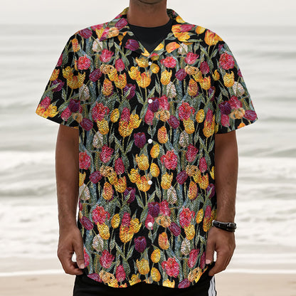 Colorful Watercolor Tulip Pattern Print Textured Short Sleeve Shirt