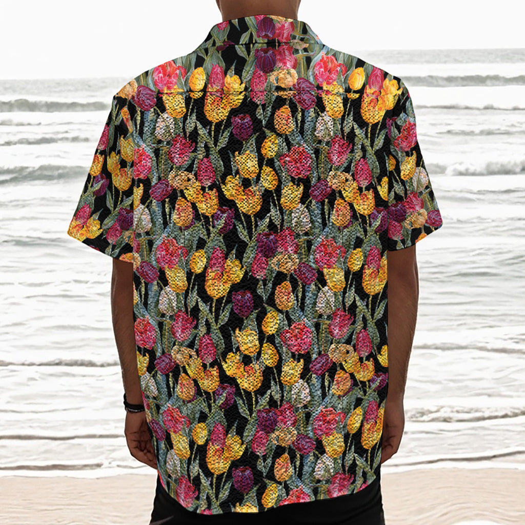 Colorful Watercolor Tulip Pattern Print Textured Short Sleeve Shirt